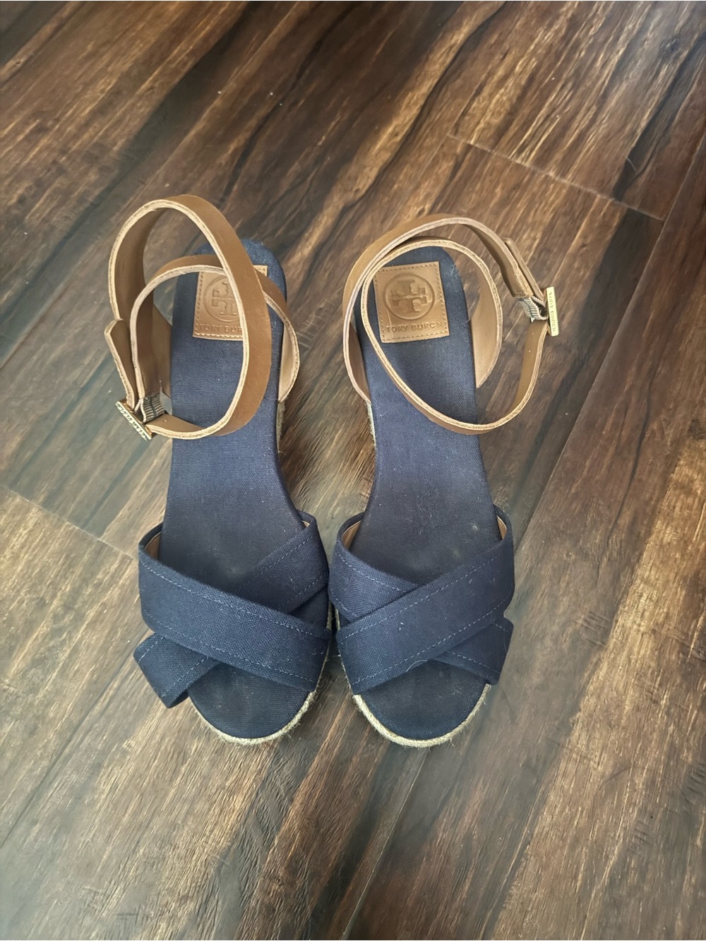 Tory Burch Navy Canvas Wedge Sandals with Tan Ankle Straps